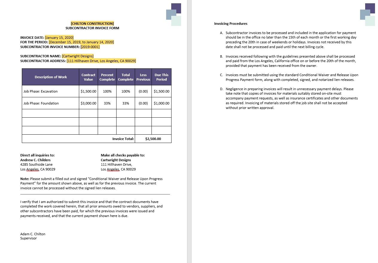 Construction Subcontractor Invoice Template PSD template